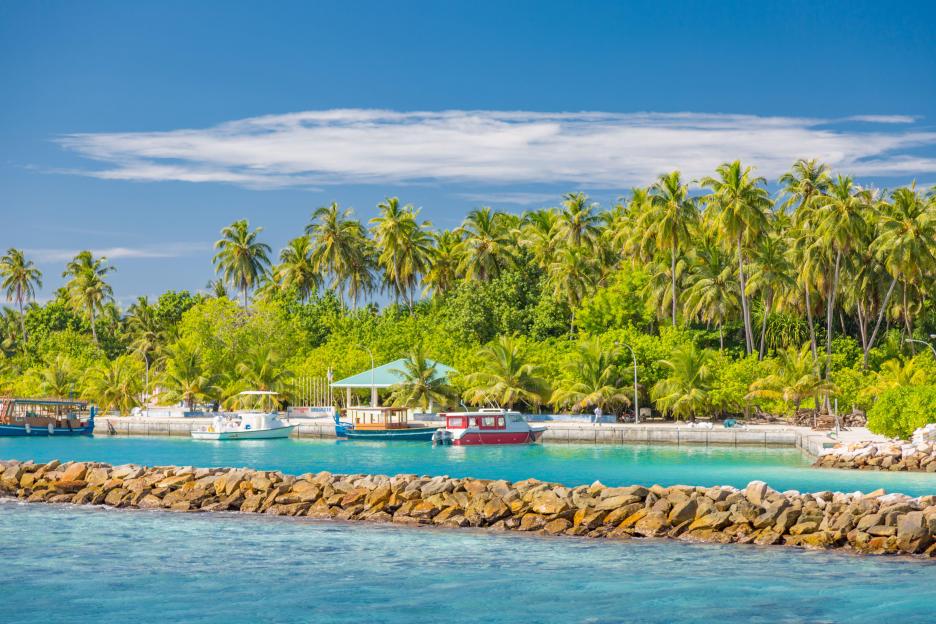 Dhigurah island harbor in the Maldives with boats, a rock barrier, and palm trees.