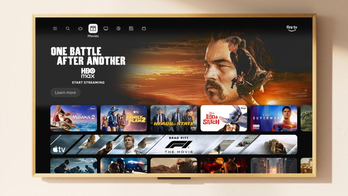 Fire TV displaying movies and shows like "Moana 2," "Heads of State," and "Superman."