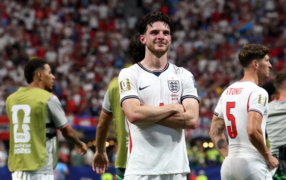 Declan Rice of England reacts after his team's victory in the FIFA World Cup 2026 Round of 32 match against Congo DR.