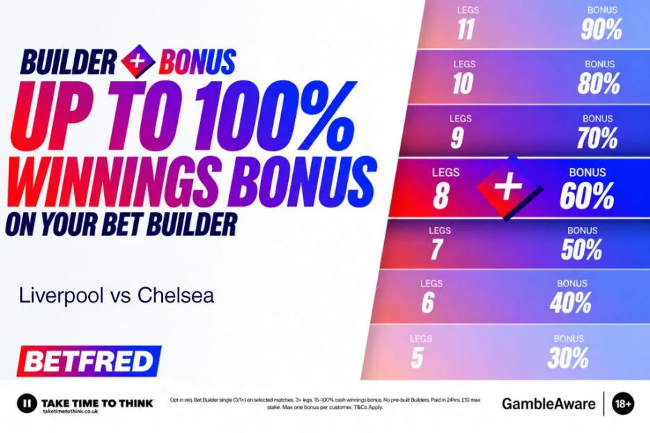 Get a CASH winnings bonus of up to 100% on your Liverpool vs Chelsea Bet Builder, plus our 18/1 tip