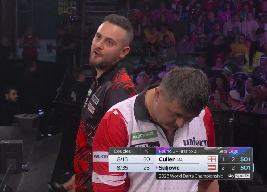 Sharp-eyed fans catch Joe Cullen's heated exchange with Mensur Suljovic before 'cheating' accusations at Ally Pally!