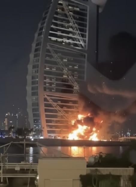 Burj Al-Arab hotel ablaze after being hit by a suspected Shahed suicide drone.