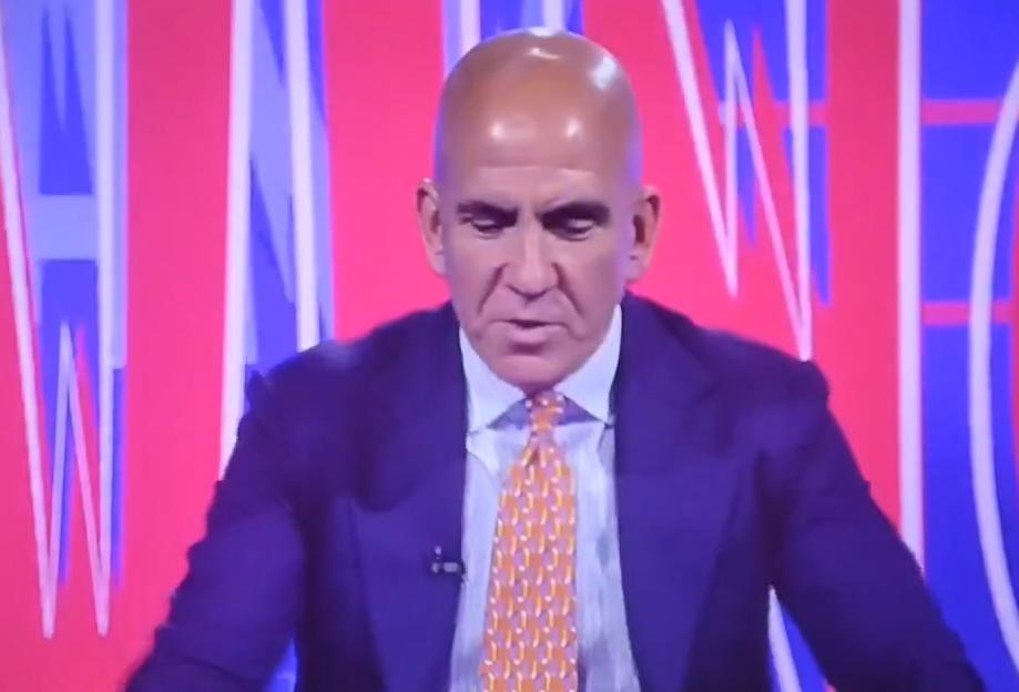 Collage of a bald man with an orange tie in four different poses, including looking down, covering his face with his hand, and a blurred image of him bending over.