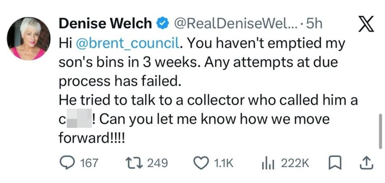 Denise Welch's tweet to Brent Council about unemptied bins and a rude collector.