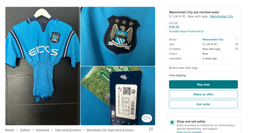 Manchester City cinched waist top being sold on Vinted.
