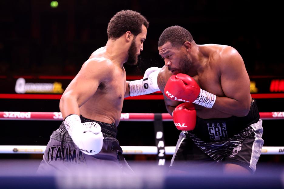 Moses Itauma (left) in action against Mike Balogun in the WBO Inter-Continental heavyweight bout.