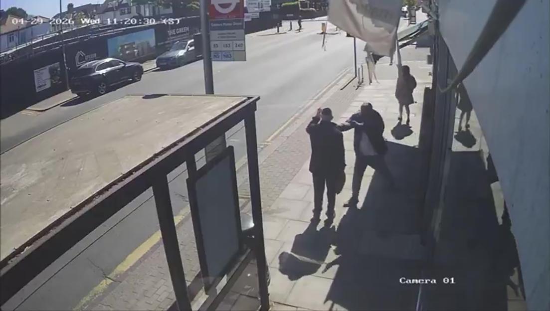 CCTV footage shows a man putting on a kippah before another man lunges at him with a knife at a bus stop.