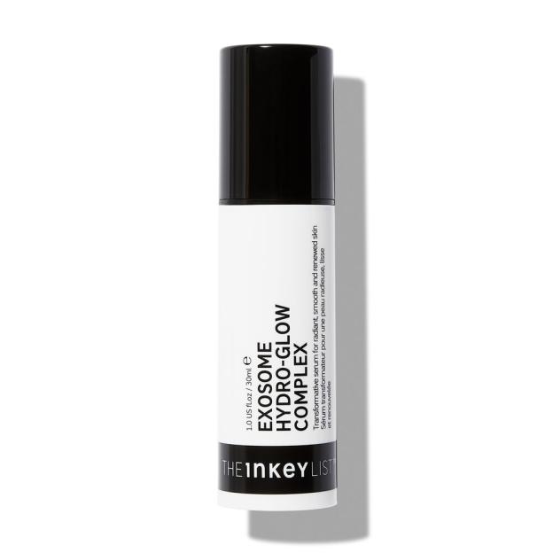 The INKEY List Exosome Hydro-Glow Complex serum in a white bottle with a black cap.
