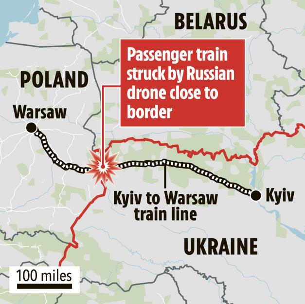 Illustration of a map showing a passenger train struck by a Russian drone close to the Ukraine-Poland border.