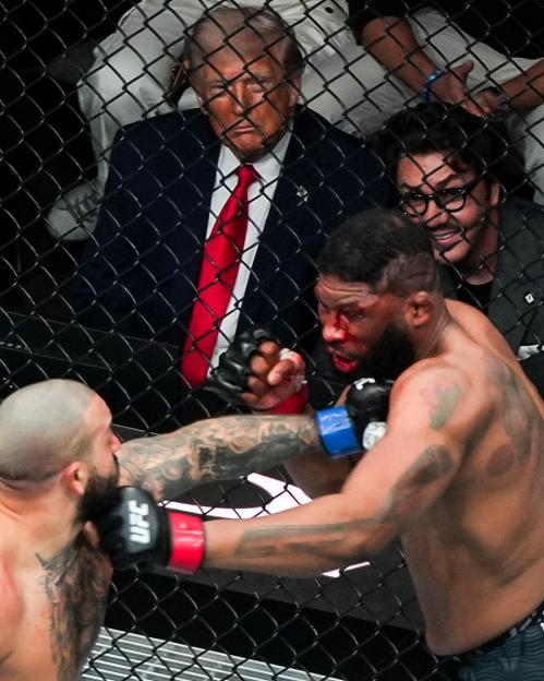 Donald Trump and Hunter Campbell watch a UFC fight between two men, one of whom has a bloody face.