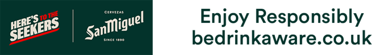 San Miguel logo and "Enjoy Responsibly bedrinkaware.co.uk" text.