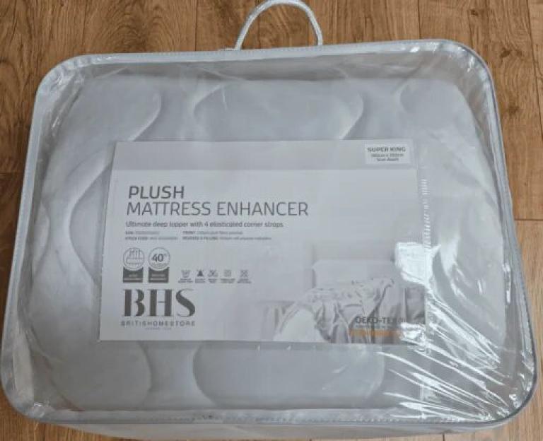 Plush Mattress Enhancer in its packaging, with "Super King" and "OEKO-TEX" visible.
