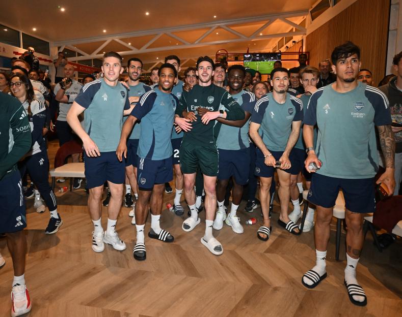 Arsenal Squad watch AFC Bournemouth v Manchester City