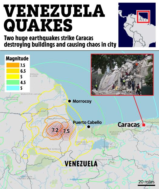Illustration of a map of Venezuela showing earthquake epicenters of 7.2 and 7.5 magnitude near Puerto Cabello, with a smaller inset map showing Venezuela within South America and a photo of a collapsed building in Caracas.