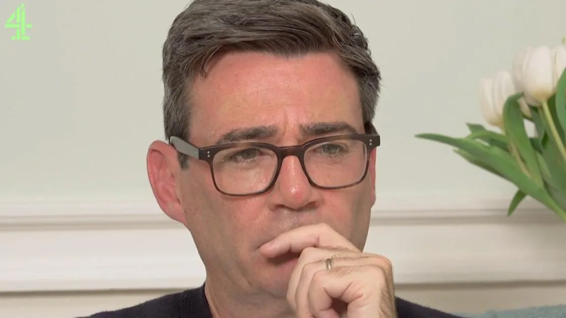 Andy Burnham looking emotional with his hand to his mouth on Gogglebox.