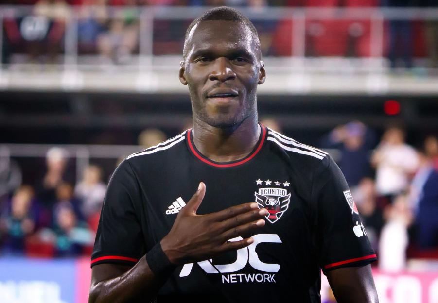 WASHINGTON, DC, USA - 29 APRIL, 2023: D.C. United forward Christian Benteke (20) after scoring the second goal during a MLS match between D.C United and Charlotte FC, on April 29, 2023, at Audi Field, in Washington, DC. (Photo by Tony Quinn-Alamy L