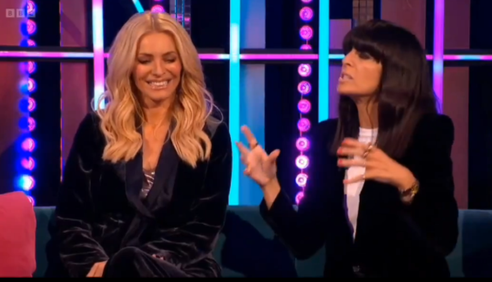 Tess Daly and Claudia Winkleman talking on a stage.