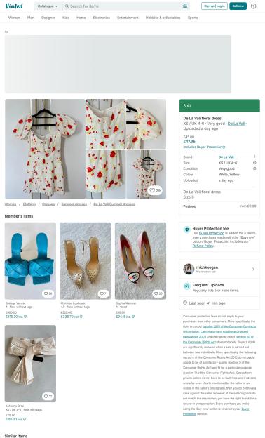 A Vinted page showing a "Sold" listing for a De La Vali floral dress, with details of the item, price, and other products from the seller Michelle Keegan.