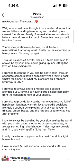 A social media post from mickygoonan titled "The vows....." which appears to be wedding vows.