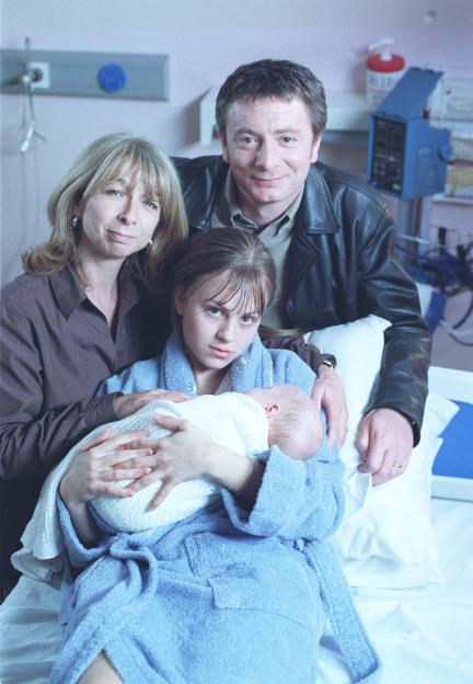 Helen Worth, Tina O'Brien, Sean Wilson, and baby Bethany in Coronation Street.