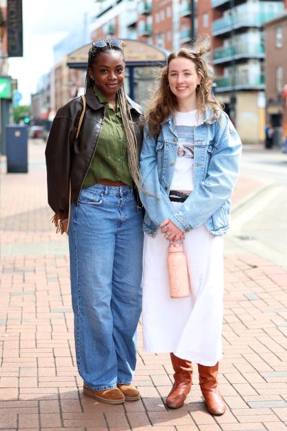 Students Talulah Reynolds and Maggie Hamish on West Street, Sheffield.