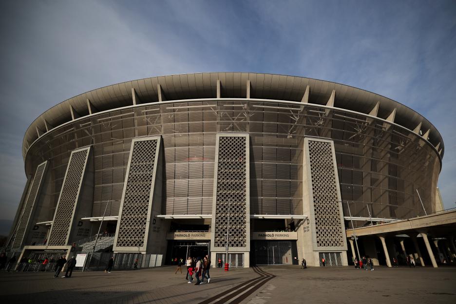 Exterior view of Puskas Arena before the UEFA Nations League match in Budapest.