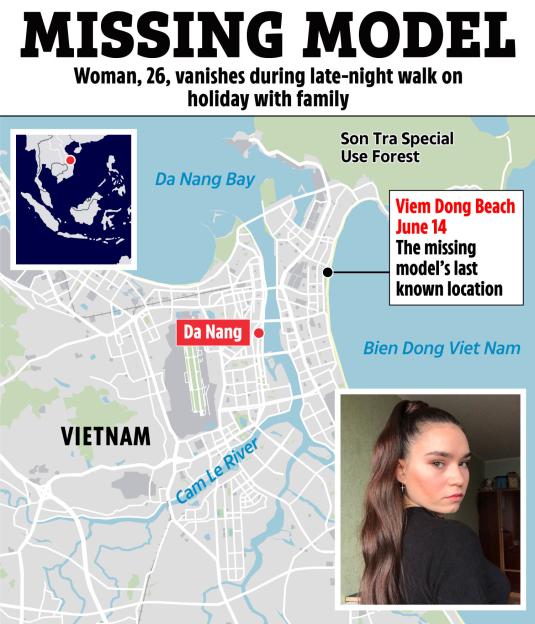 Illustration of a map of Da Nang, Vietnam with the location of a missing model, accompanied by a photo of the missing model.