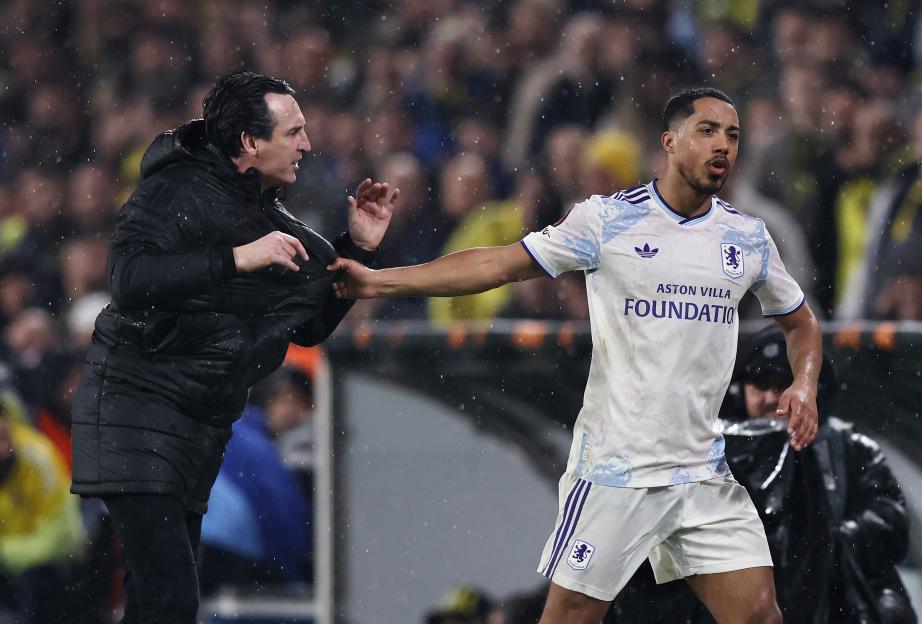 Unai Emery, Manager of Aston Villa, clashes with Youri Tielemans of Aston Villa during a UEFA Europa League match.