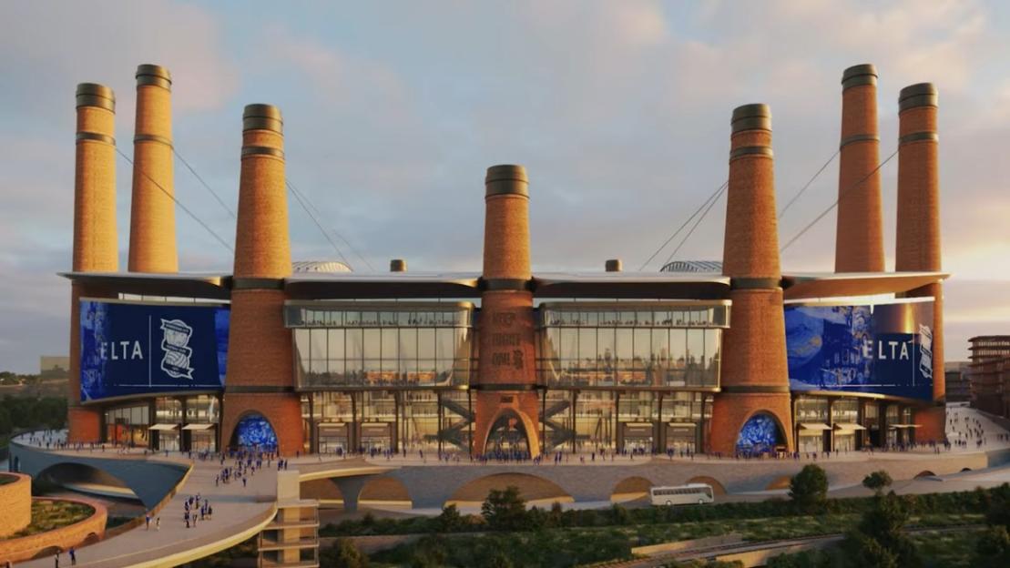 Illustration of the renovated St. Andrew's stadium for the Birmingham City Football Club, featuring a new facade with six large brick industrial chimneys, large screens displaying the club's logo, and crowds of people walking towards the entrance.