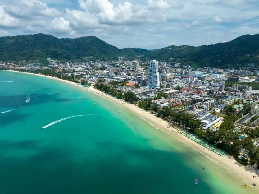 Aerial perspective showing Patong Beach, Phuket, Thailand.