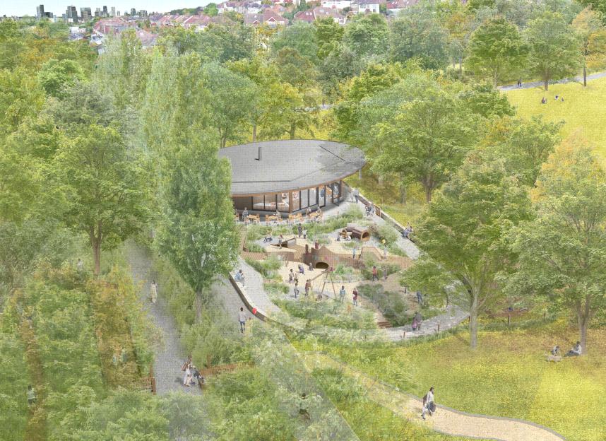 Illustration of an aerial view of the Horniman Museum and Gardens' new Nature + Love Project playground.