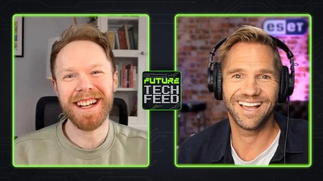 Two men in a video call laughing with a "Future Tech Feed" logo in the middle.