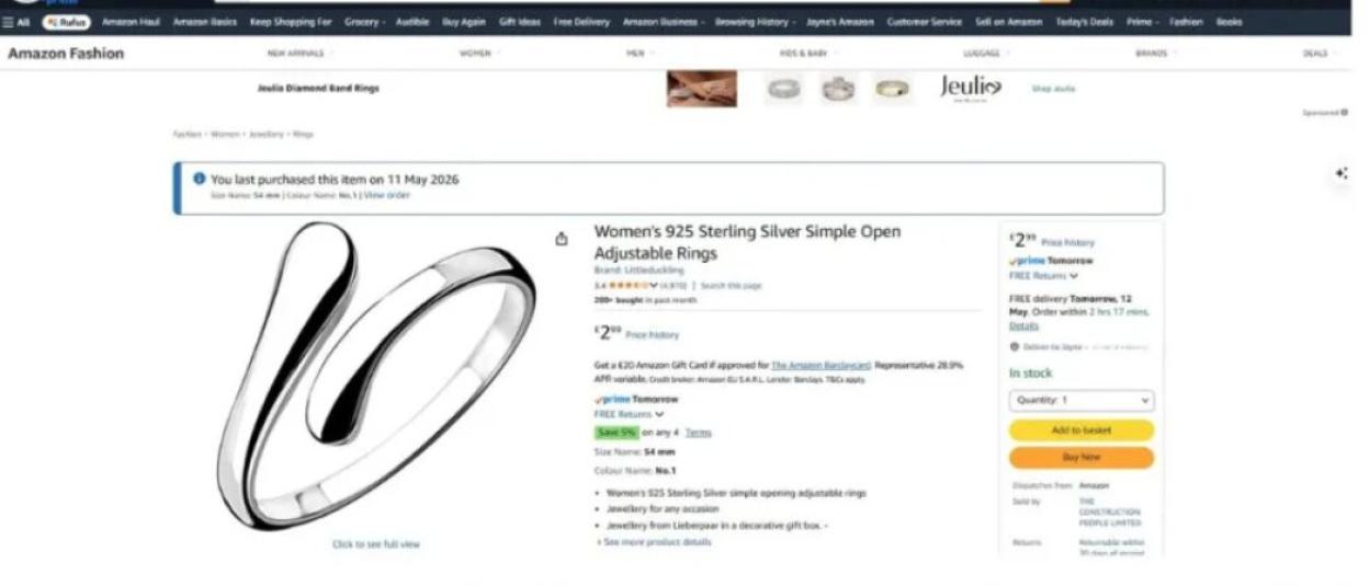 An Amazon product page for a Women's 925 Sterling Silver Simple Open Adjustable Ring, showing the ring and product details.