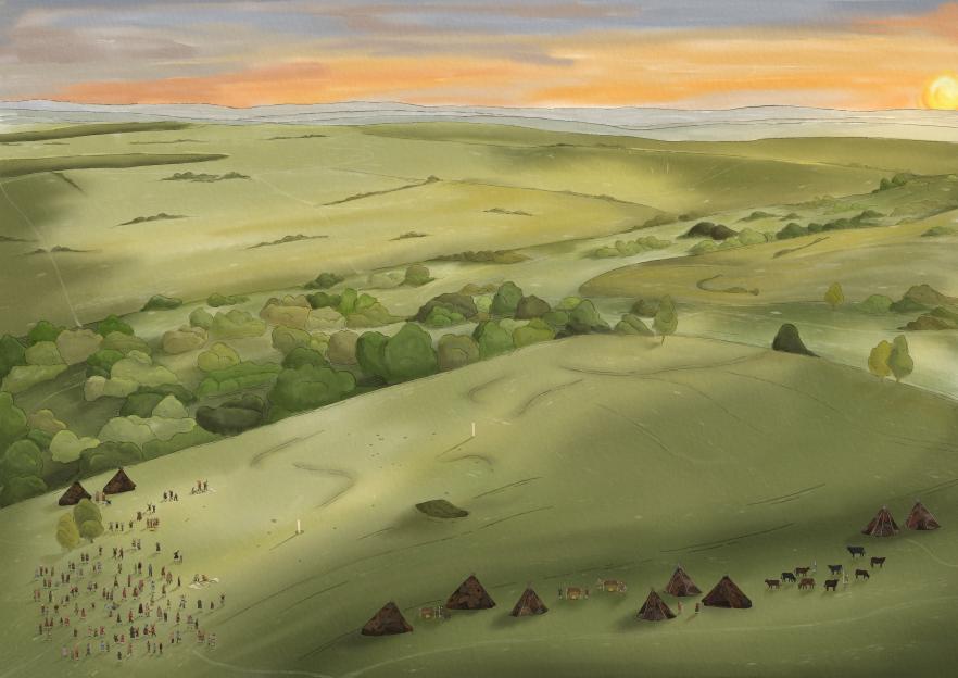 Undated handout illustration issued by Wessex Archaeology of a reconstruction of summer solstice celebrations as they might have appeared at Bulford 5000 years ago. Archaeologists have discovered a...
