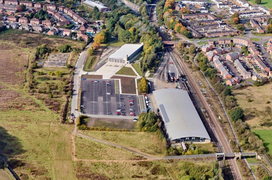 A drone shot of Locomotion Railway Museum in Shildon, County Durham, northern England, UK.
