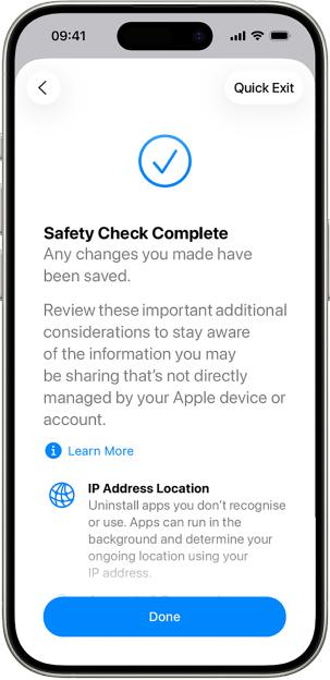 A smartphone displaying the "Safety Check Complete" message from Apple, along with information on additional safety considerations like IP Address Location.