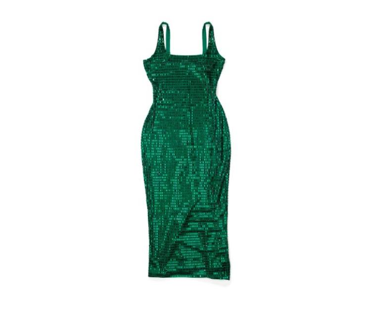 A shimmering, sleeveless green sequin dress.