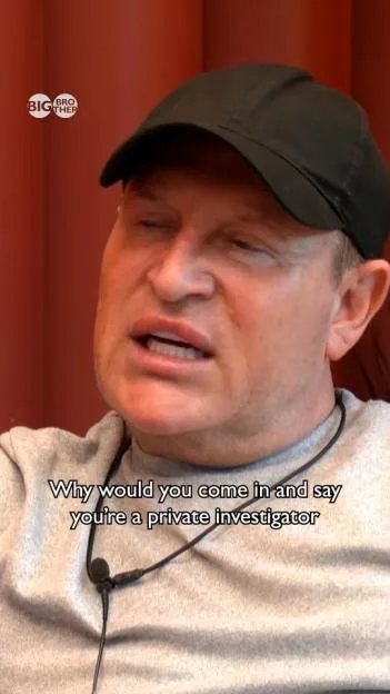 A man wearing a black baseball cap and grey sweater speaks, with subtitles reading, "Why would you come in and say you're a private investigator."
