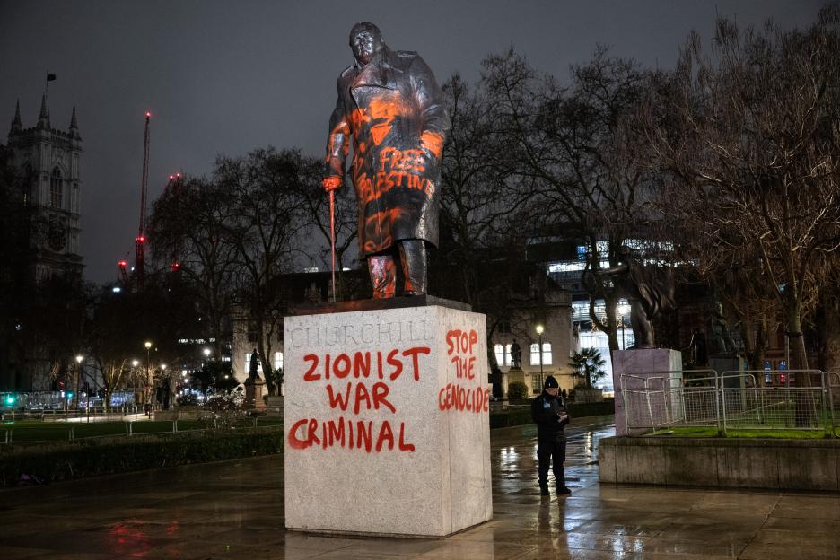 Winston Churchill statue in Parliament Square vandalized with red paint and graffiti reading "Zionist War Criminal" and "Stop the Genocide".