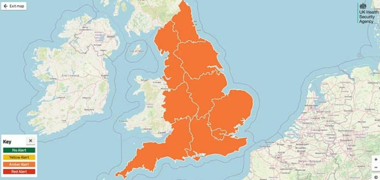 Map of the UK and surrounding countries, with England highlighted in orange, indicating an Amber Alert level for health security.