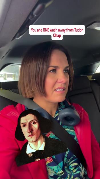 Collage of Nina Warhurst and Thomas Cromwell, with text "You are ONE wash away from Tudor Chap"