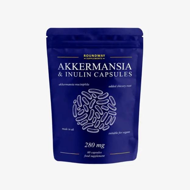 A blue pouch of Roundway Supplements Akkermansia & Inulin Capsules, 280 mg, 60 capsules.
