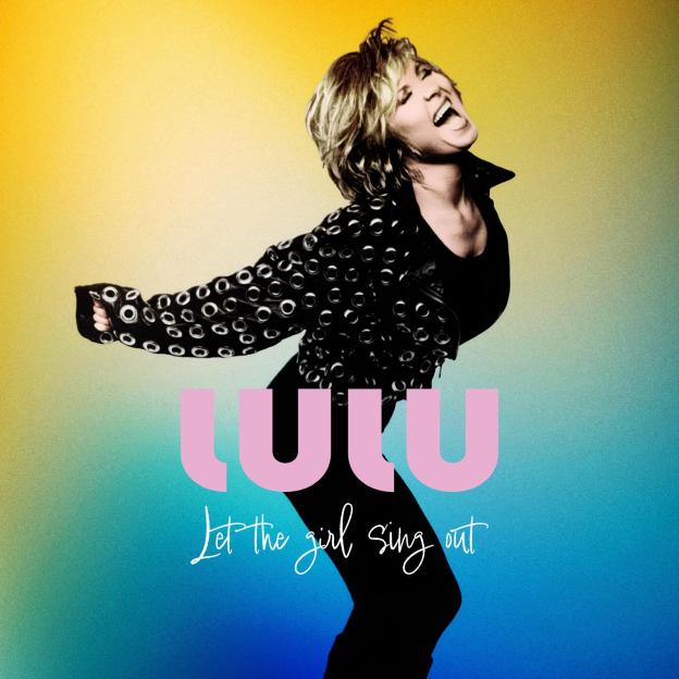 Album cover for Lulu, featuring the singer with her mouth open and head tilted back, wearing a black jacket with metal eyelets, against a yellow and blue gradient background.