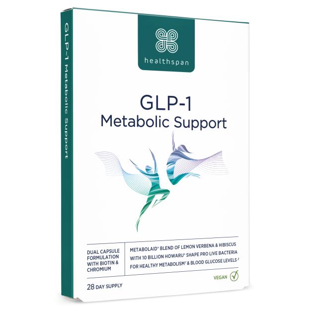 Healthspan GLP-1 Metabolic Support supplement box with descriptions of its ingredients and benefits.