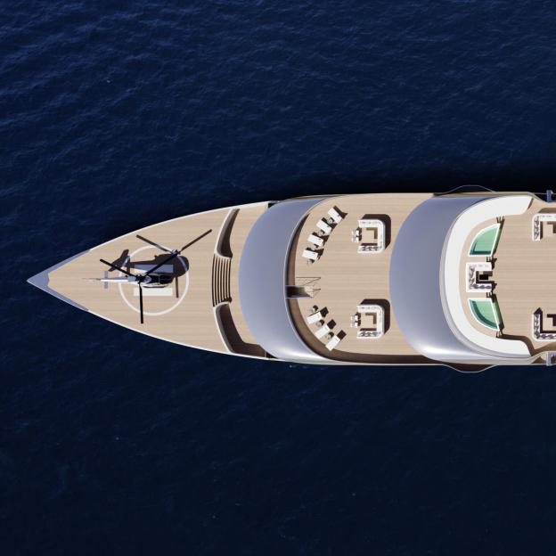Illustration of the top-down view of a luxury yacht with a helipad and a helicopter, deck chairs, and lounge areas.