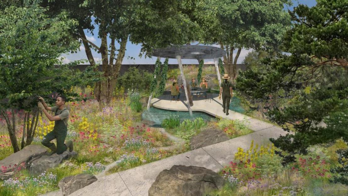 Illustration of a garden with people, plants, and a small pond.