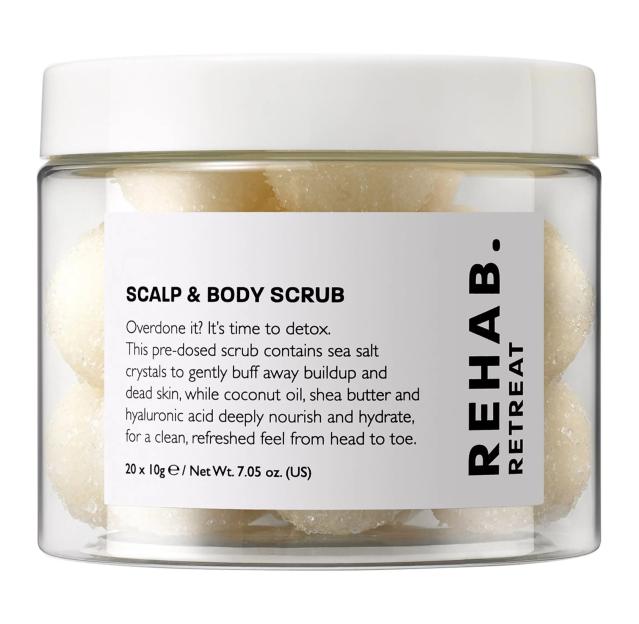 Rehab Retreat Scalp & Body Scrub in a clear jar.