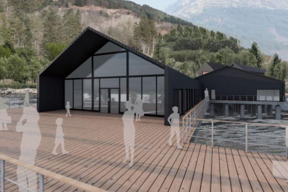 Illustration of the proposed holiday resort at the former Ministry of Defence testing station, featuring modern black buildings with large windows, a wooden pier, and translucent figures representing people.
