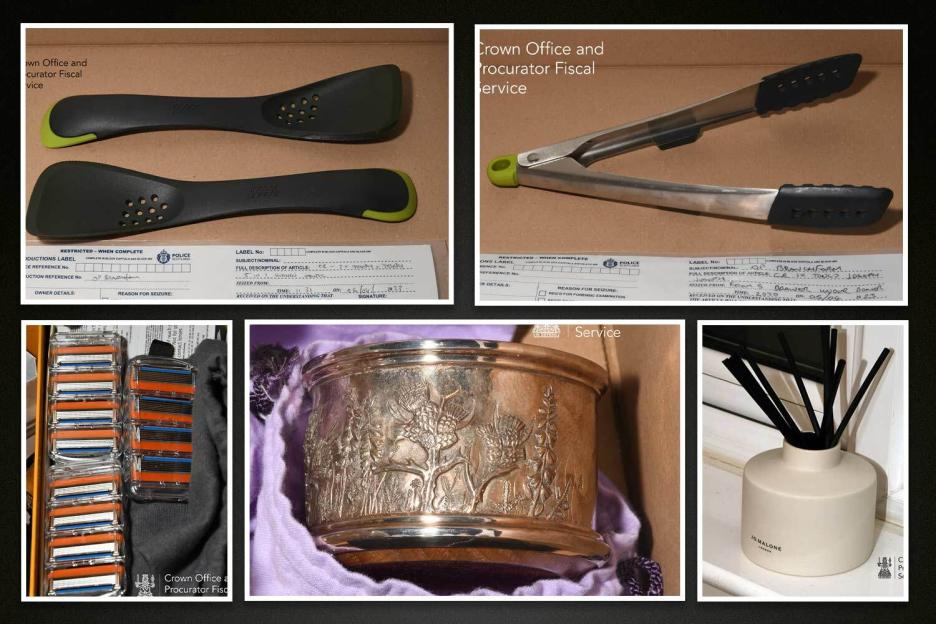 Collage of seized items including kitchen utensils, razor blade refills, an engraved silver pot, and a Jo Malone diffuser, each with a police evidence label.