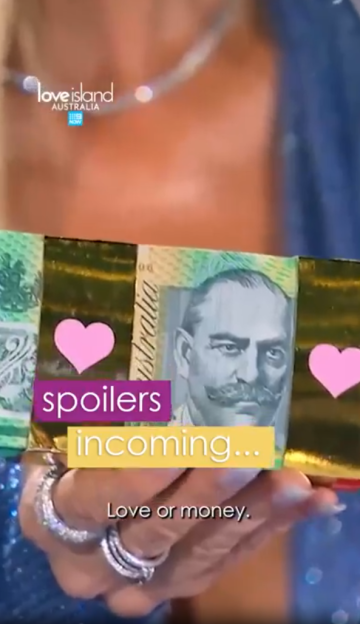 Australian money wrapped in gold paper, with pink heart stickers, and text reading "spoilers incoming..." and "Love or money."
